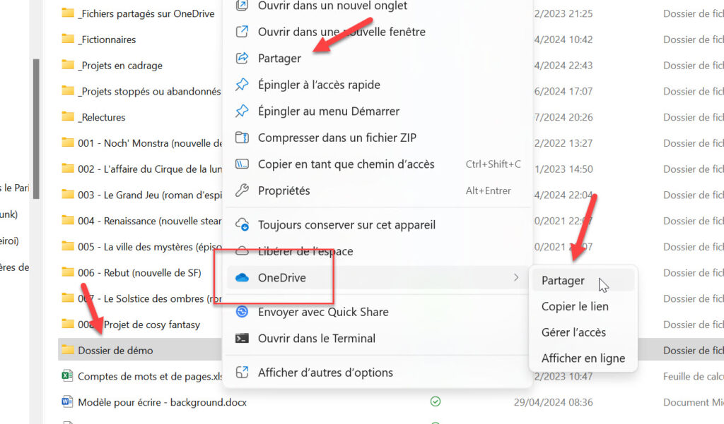 Capture d'écran menu contextuel Partager OneDrive