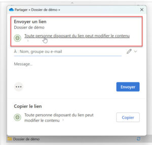 Capture d'écran rnvoyer un lien de partage OneDrive