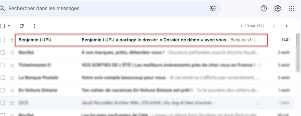 Capture d'écran liste des emails dans Google Mail