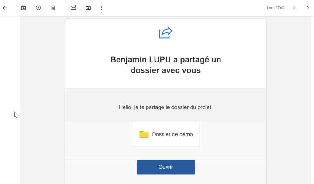 Capture d'écran email de partage d'un dossier OneDrive