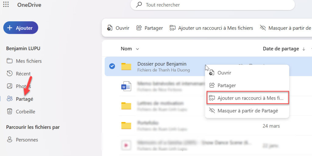 Capture d'écran Ajouter un raccourci à mes fichiers dans OneDrive