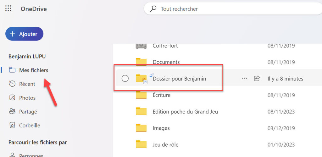 Capture d'écran Raccourci vers un dossier partagé dans Mes fichiers dans OneDrive